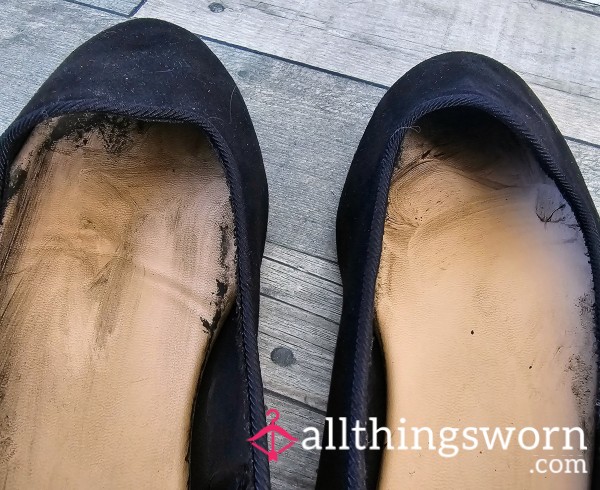 Ladies Extremely Well Worn And Stained / Trashed Flat Shoes For You Foot Fetish Slaves, Lovely Amount Of Dirty Staining