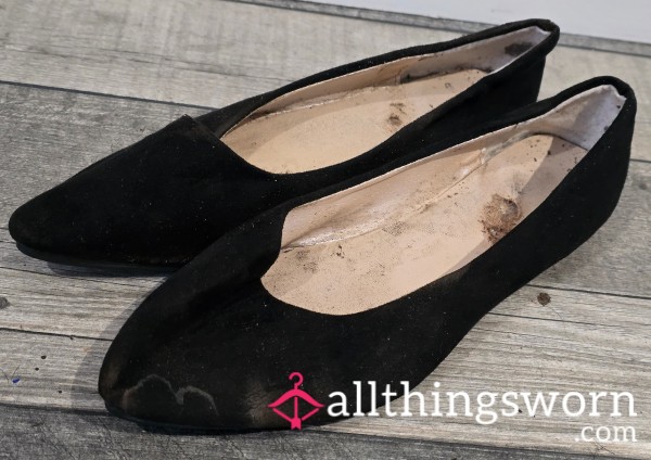 Ladies Extremely Well Worn And Stained / Trashed Flat Shoes For You Foot Fetish Slaves, Lovely Amount Of Dirty Staining