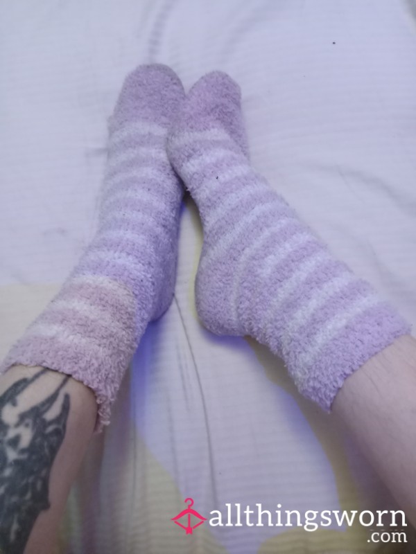 Lavender And White Striped Fuzzy Socks