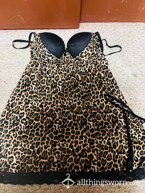 Leopard Baby Doll, Top And Thong And Thigh Hi Stockings Size Medium