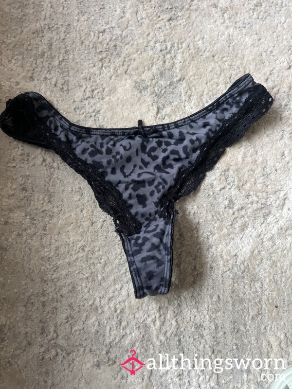 Leopard Print Silk And Lace Thong