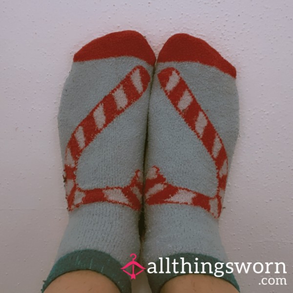 Light Blue Candy Cane Heart Fuzzy Socks With Grippy Feet. <3