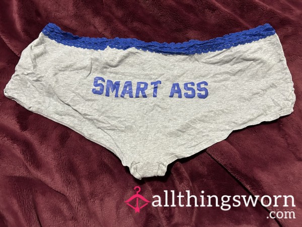 ~LIGHT GREY BLUE LACE TRIM “SMART A**” COTTON BOYSHORT PANTY~