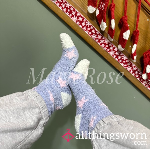 Light Purple And White Fuzzy Socks With Light Pink Stars