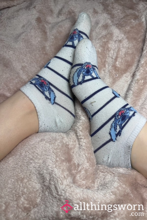 Worn Lilo And Stitch White Striped Socks 💙👣