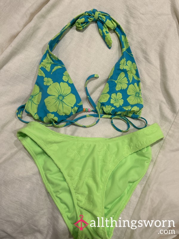 Lime Green And Blue Flor*l Bikini