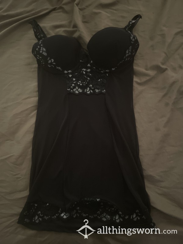 SALE!! S**y Black Lingerie Dress, Mesh See Through, Push Up Top Bra With Silver Designs