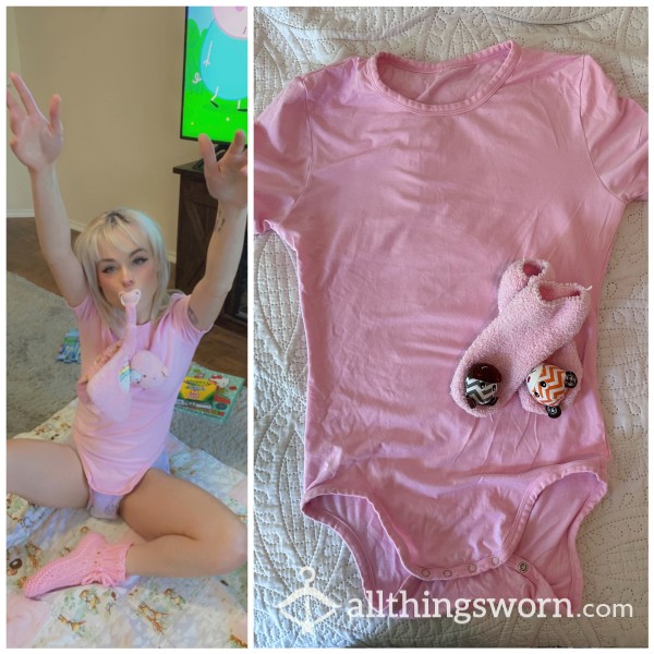 Little Space Outfit | Unis** Small - Medium | Light Pink | Snap Onesie | ABDL, DDLG | Fuzzy Socks With Rattles | Role Play | INCLUDES FREE CONTENT