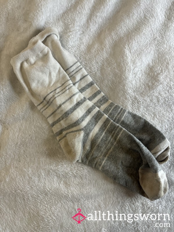 Long Calf Socks Well Worn S**y White & Gray Striped Socks