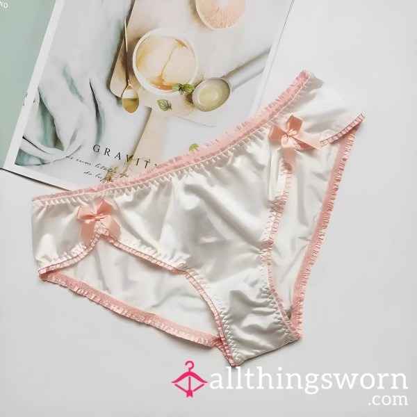 Satin Feel Briefs In White And Pink