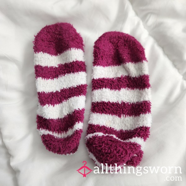 Magenta And White Striped Fluffy Socks