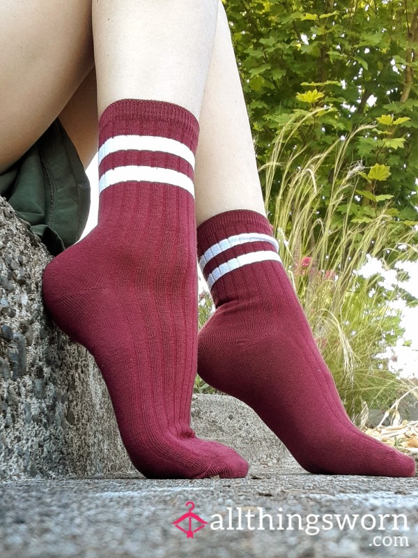 Maroon Cotton Socks With White Stripes