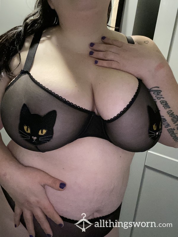 Matching Black Cat Bra And Thong Set