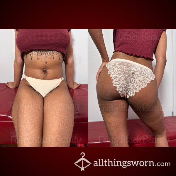 👙 Medium Cream Lace Back Adjustable Bikini Panties 👙 (Ebony, Used Panties, Petite, Hairy, Bush, Hairy Pu**y, Hairy A**, Custom, Strong Scent, Adjustable Straps, Stretchy, Cotton Gusset)