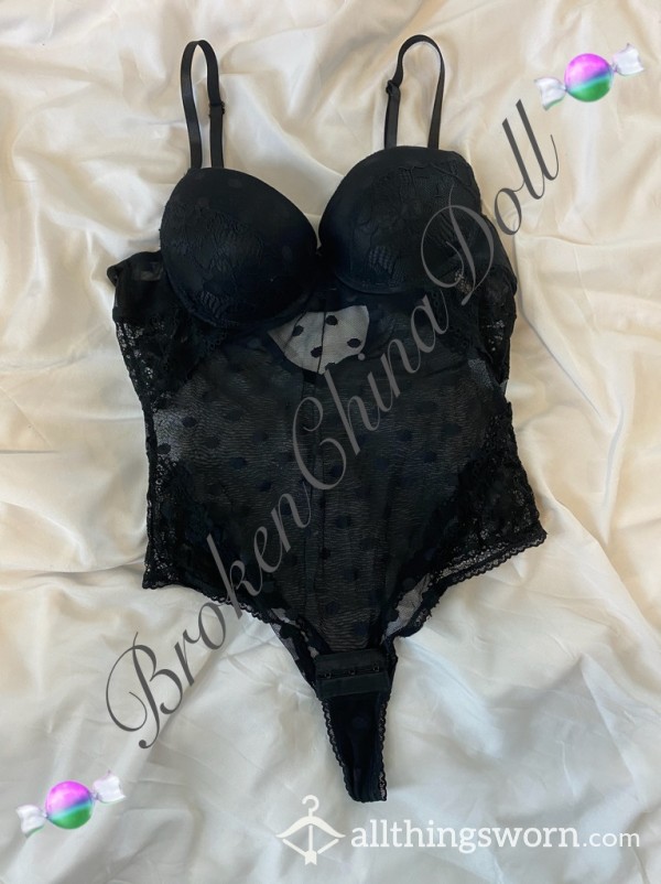 Medium Sheer Polka Dot & Lace Black Teddy