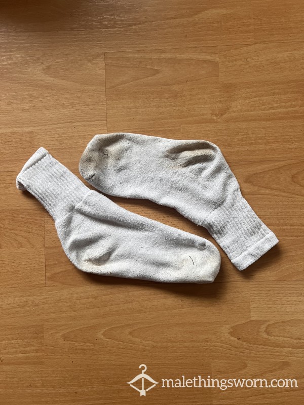 Men’s Size 8 White Gym Socks. Well Worn. Well Soiled.