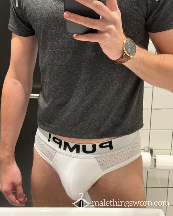 Men’s White Worn Pump Mesh Briefs