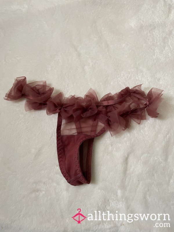 Mesh Burgundy Frill Trim Thong Panties