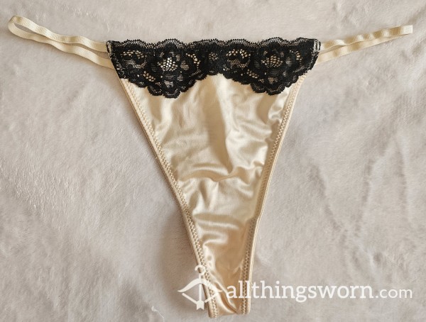 Metallic Satin Creme Thong With Black Lace Trim