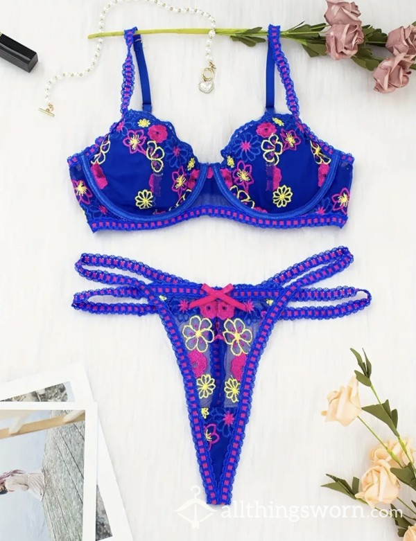 Midnight Blue Flor*l Lingerie Set | Size S | Comes With Wear Pic