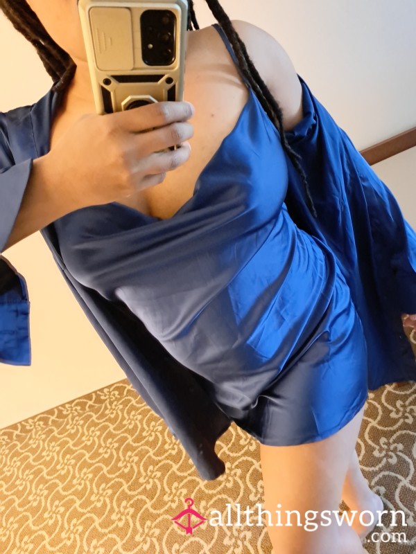 Midnight Blue Satin Chemise And Shirt