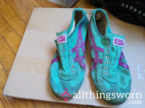 Trashed Mint Green And Magenta Onitsuka Tiger Slip-ons