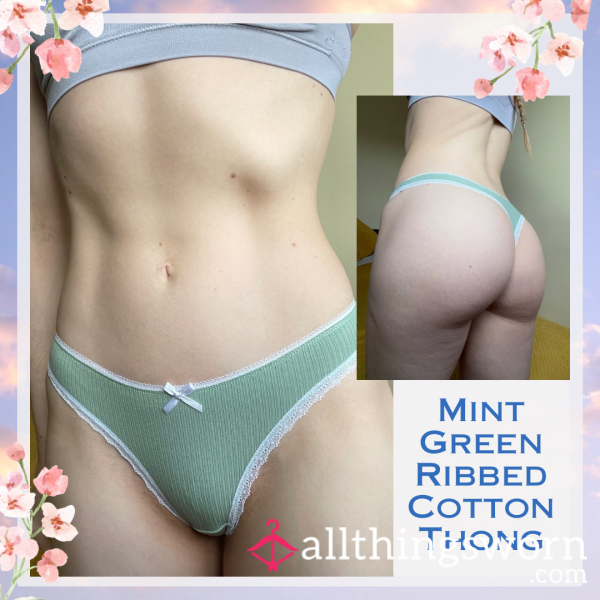 Mint Green Ribbed Cotton Thong 🍵 1 Day Wear - £20. Longer Wears And International Shipping Available 🌎