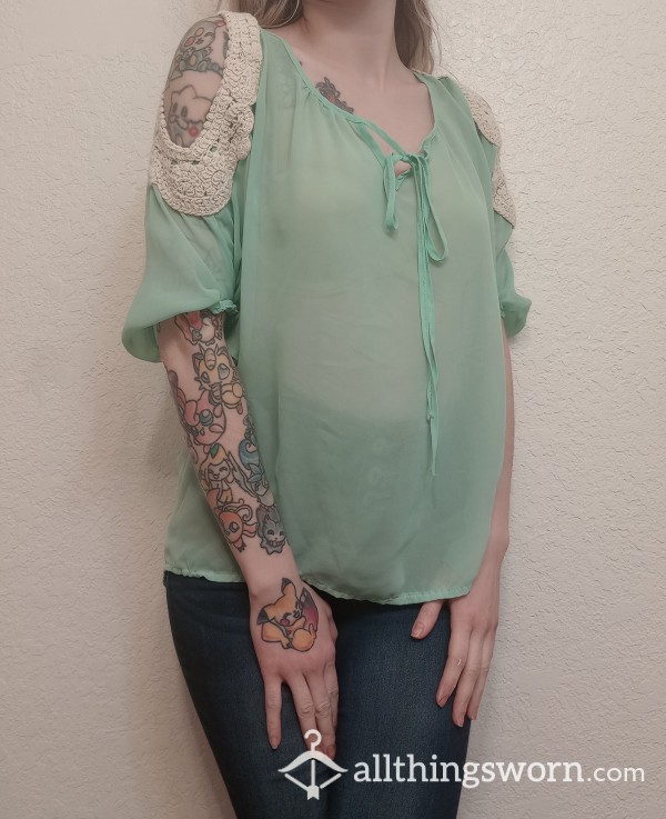 Mint Green Sheer Off Shoulder Crochet Blouse