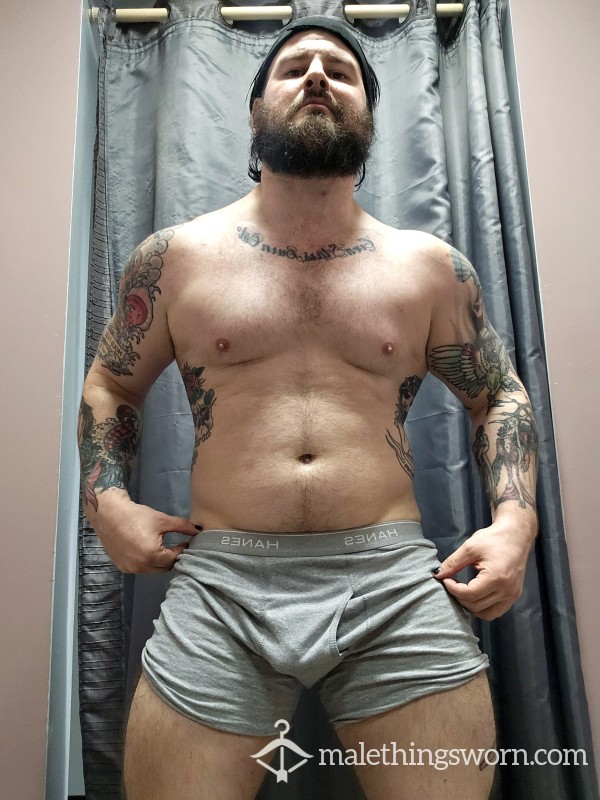 Musky Grey Boxer Briefs Worn By Sweaty Jock