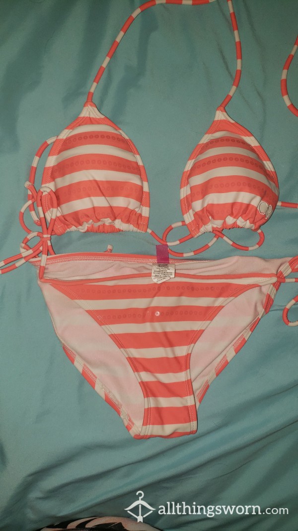 My Old Bright Cor*l Striped Bikini Size Small Ships Free