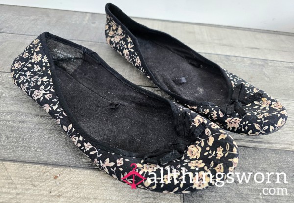 My Worn Soft Black Flor*l  Flat Shoes - Perfect Shoes For You Foot Fetish Lovers