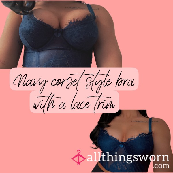 Navy Corset Style Bra, With A Lace Trim