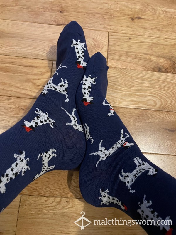 Navy Dalmatian Puppy Dog Funky Patterned Dress Socks, You Want To Sniff?