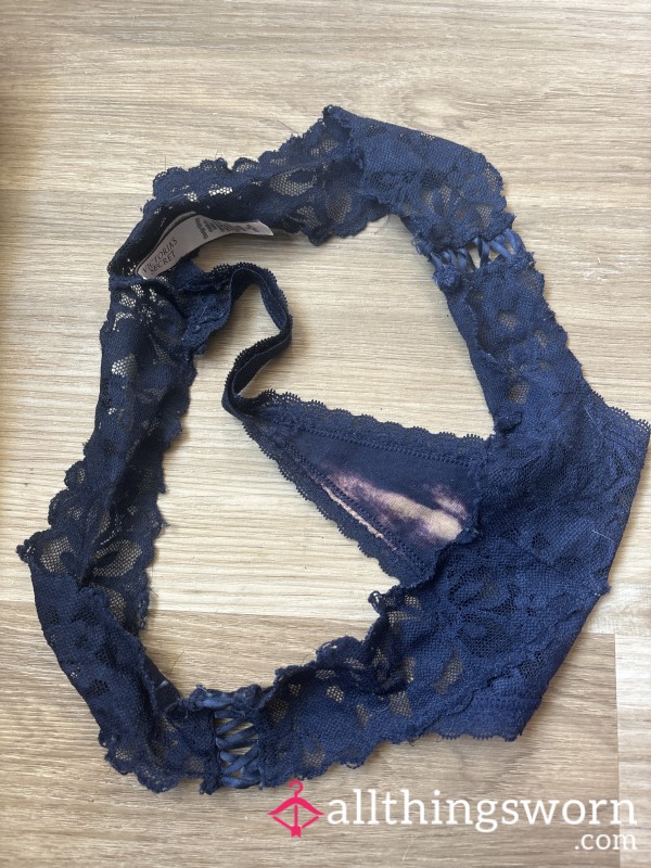 Navy Lace Thong With C*m Stains