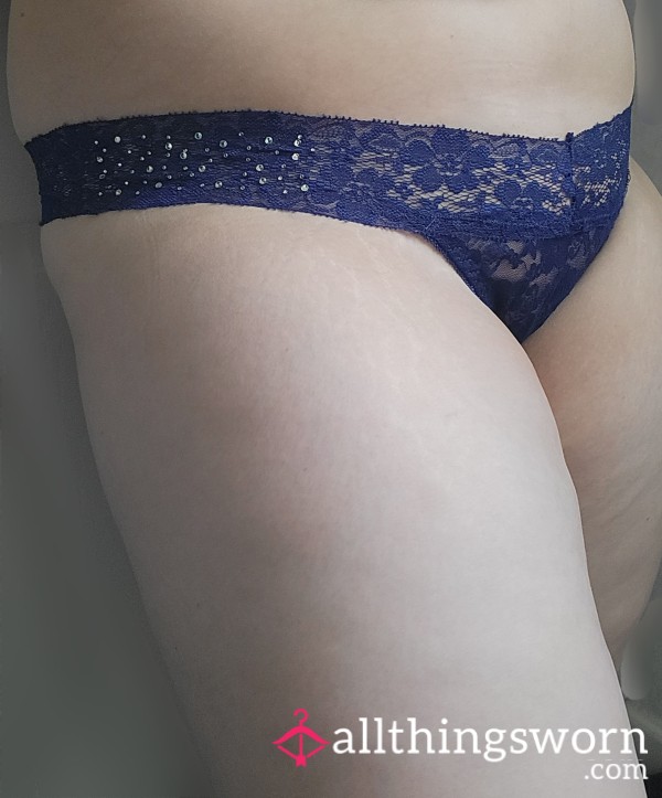 Navy Lace Thong With Rhinestones