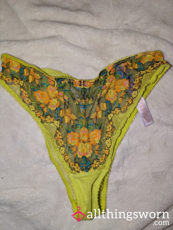 Neon Yellow Flor*l Lace Cheeky Panties