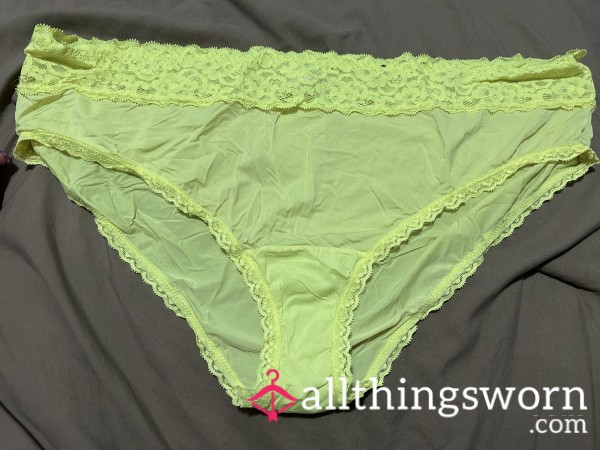 ~NEON YELLOW SATIN LACE TRIM CHEEKY PANTY~