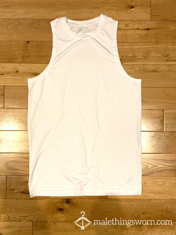 New Balance Performance White Sleeveless Undershirt Silky Soft Workout T-shirt (S) - Smell My Pits Microfiber