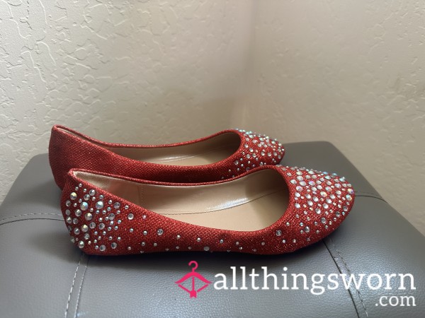 New Red Glitter Rhinestone Ballet Flats - Forever, Size 8