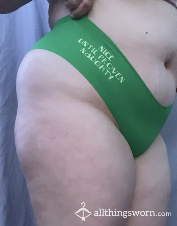 “Nice Until Proven Naughty” Green Nylon Panties