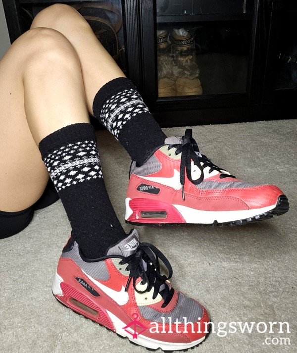 ✅️ Nike Air Max 90's Old Dirty Well Worn Sneakers Red Black White Shoes Asian Japanese Petite S**y Feet Foot Fetish