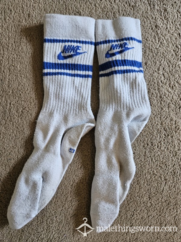 Nike Socks, White With Blue Logo