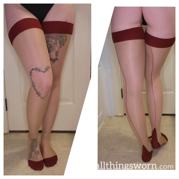 Nude And Maroon Cuban Heel Stockings