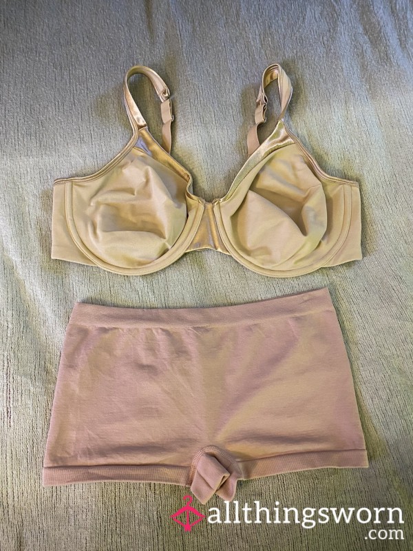 Nude Satin Bra And Pink Cotton Boy Shorts