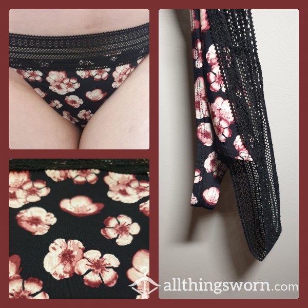 🌸 Nylon And Lace Black, Pink And Deep Red Flor*l Print Thong 🌸