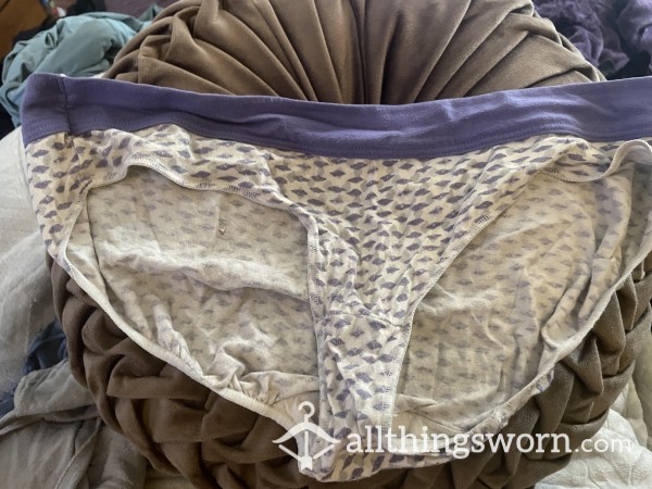 Old As F**k Panties!!  Purple, Grey, And White Patterned.  Gusset And Seams Super Worn Down, Stained, And Soft!