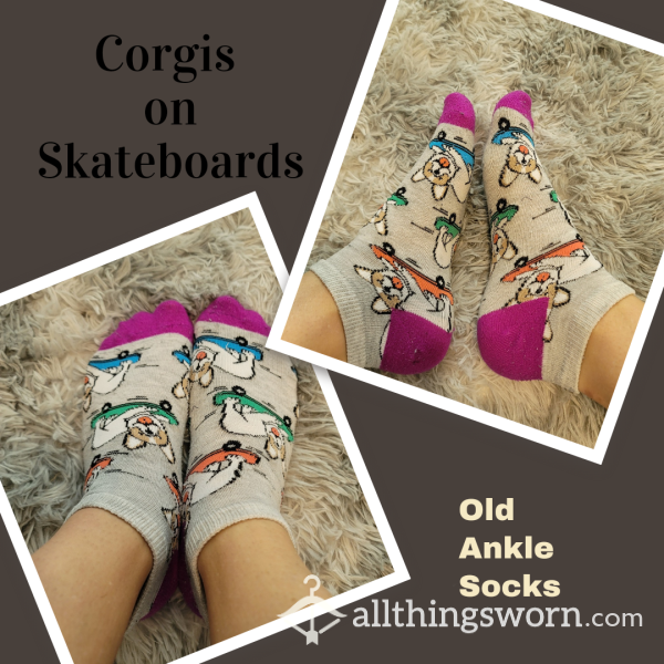 🧦🐶 Old Cute Ankle Socks, Corgis On Sk*teboards ~ Worn To Your Liking