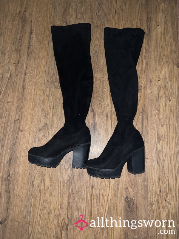 Old Over The Knee Black Suede Skin Tight Boots