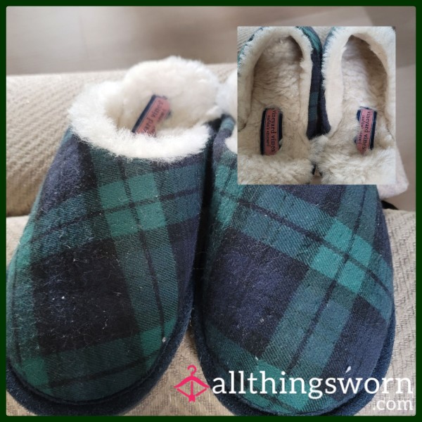 👣 Old, Smelly Green & Blue Plaid Backless Slippers