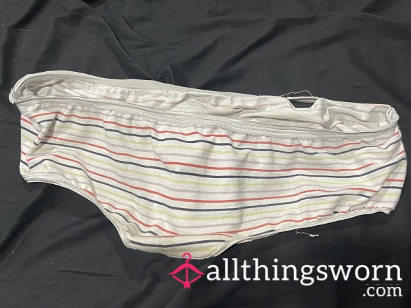 Old, Torn Striped High Waisted Cotton Full Panties With 2 Day Wear